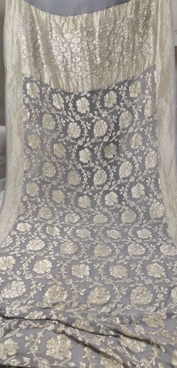Steel Grey Floral Jaal Banarasi Khaddi Print Saree