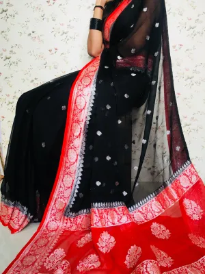 Trending Black Red Banarasi Khaddi Chiffon Jaal Saree