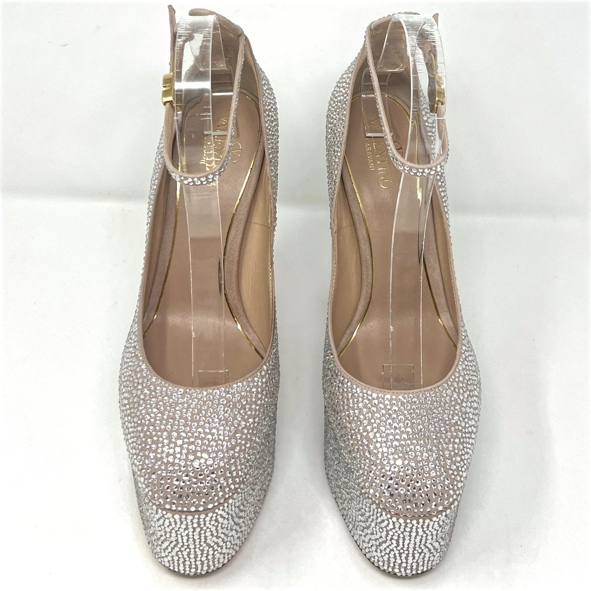 Valentino Tan-Go Crystal Embellished Suede Round Toe Ankle Strap Platform Pumps