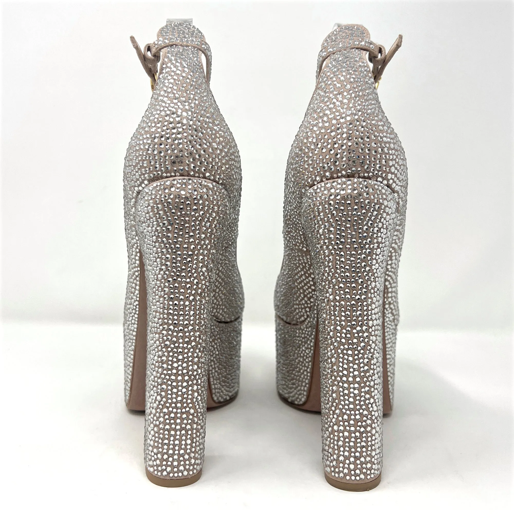 Valentino Tan-Go Crystal Embellished Suede Round Toe Ankle Strap Platform Pumps
