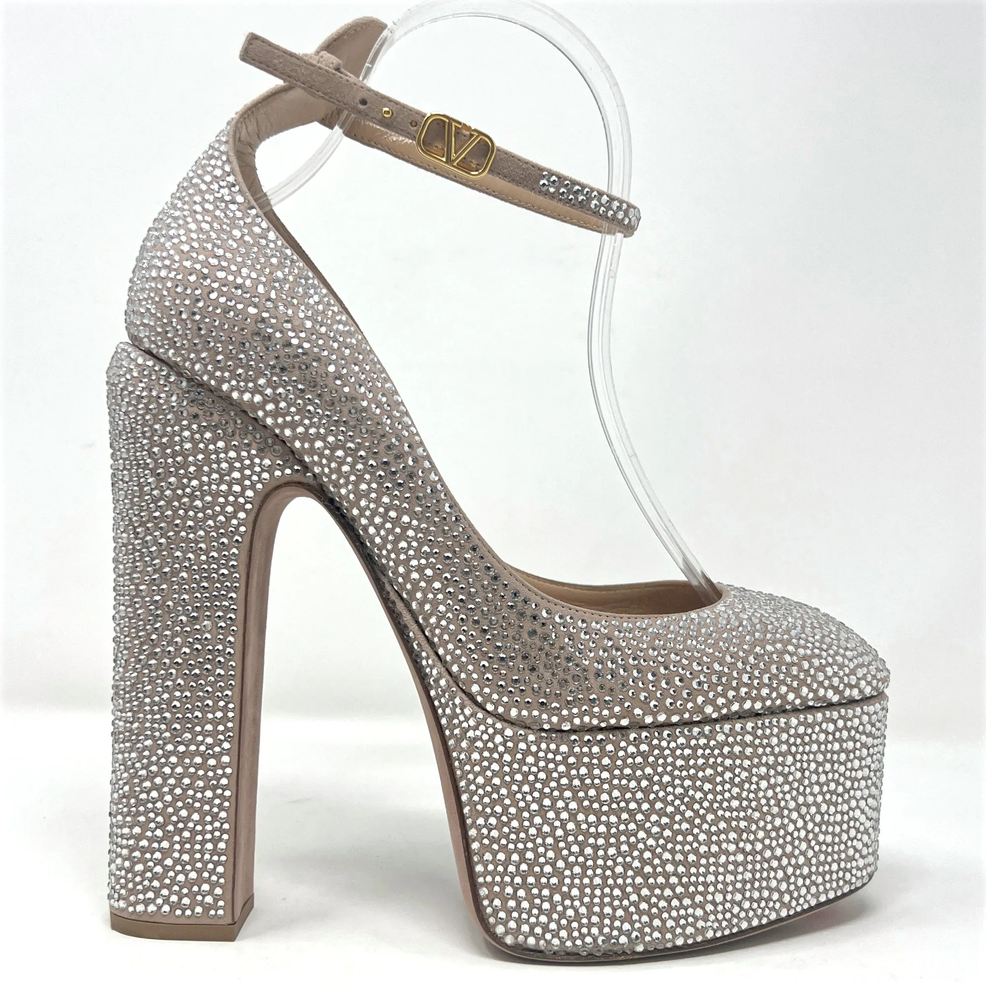 Valentino Tan-Go Crystal Embellished Suede Round Toe Ankle Strap Platform Pumps