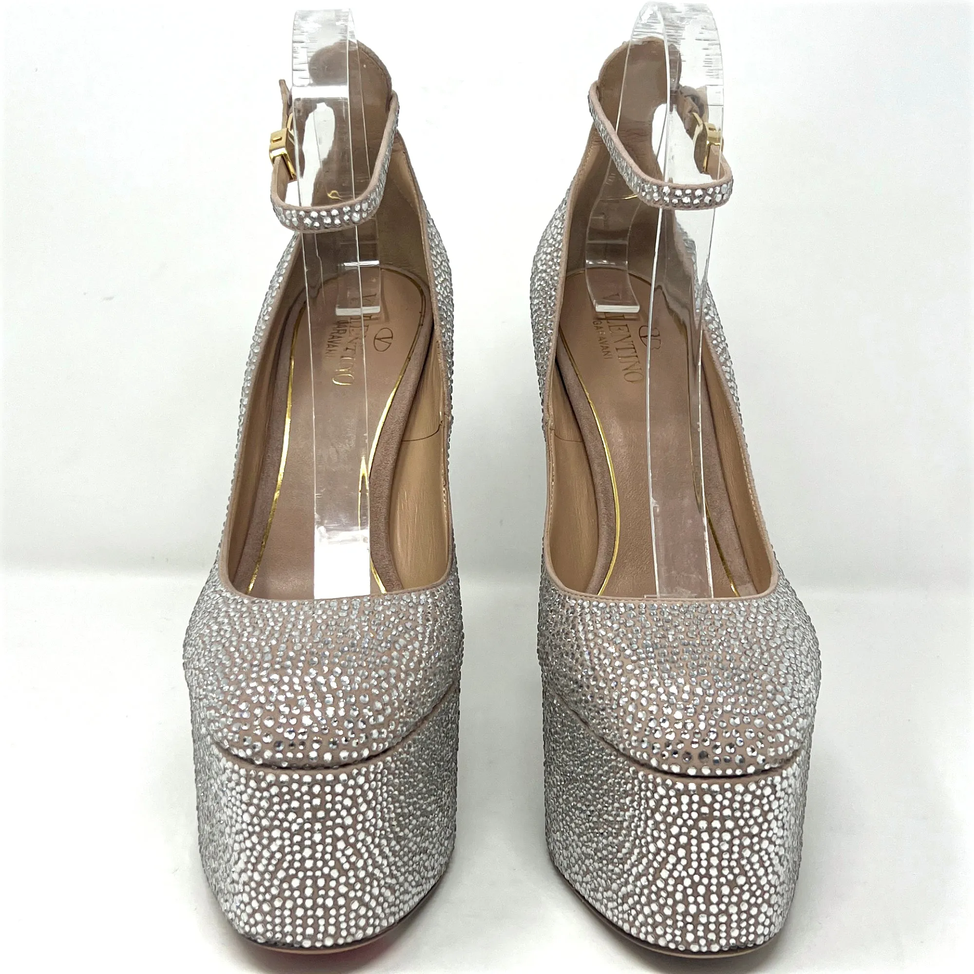 Valentino Tan-Go Crystal Embellished Suede Round Toe Ankle Strap Platform Pumps