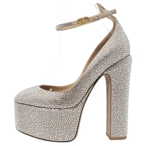 Valentino Tan-Go Crystal Embellished Suede Round Toe Ankle Strap Platform Pumps