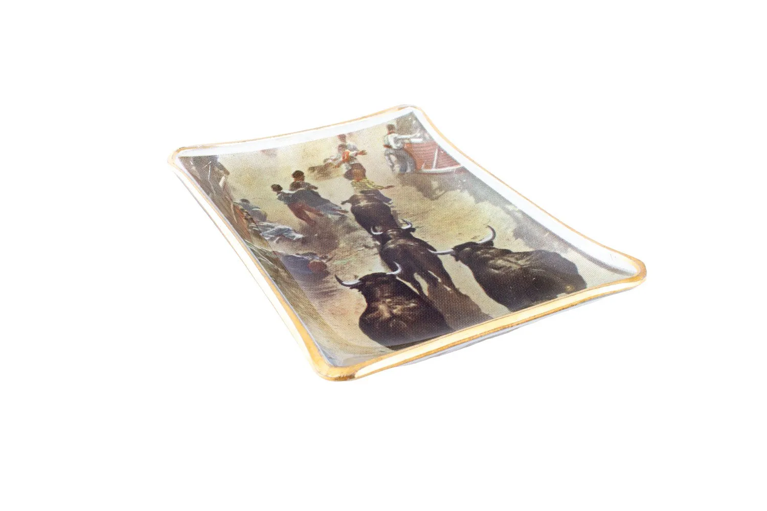 Vintage Glass Dish with Running of the Bulls Printed Image