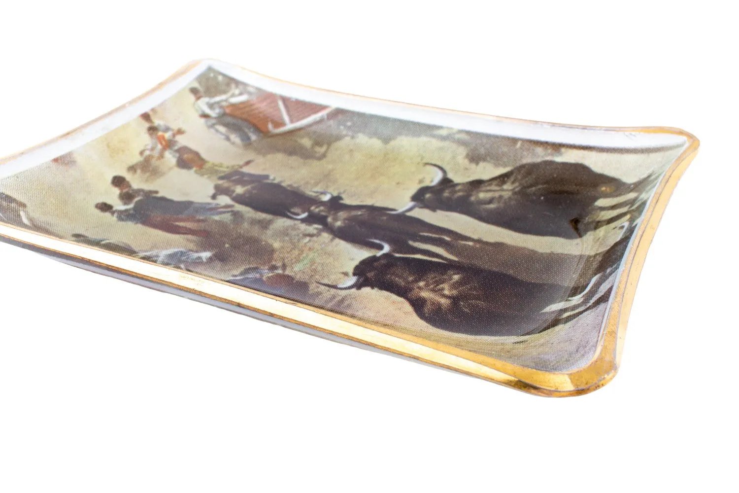 Vintage Glass Dish with Running of the Bulls Printed Image