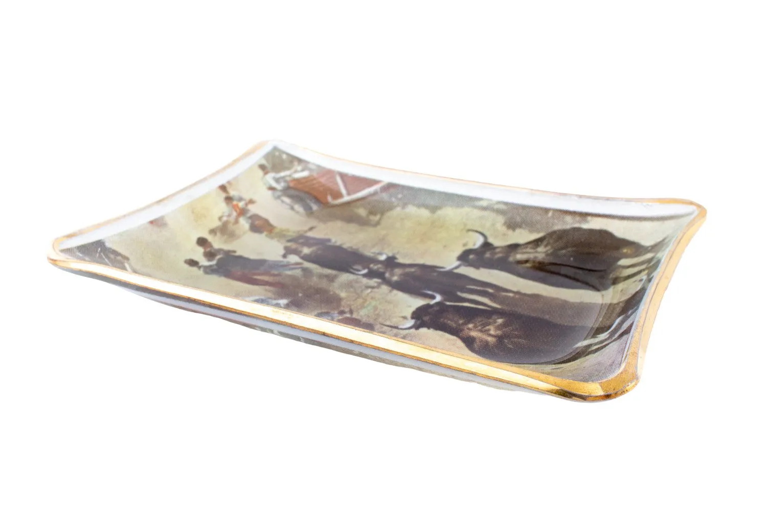 Vintage Glass Dish with Running of the Bulls Printed Image