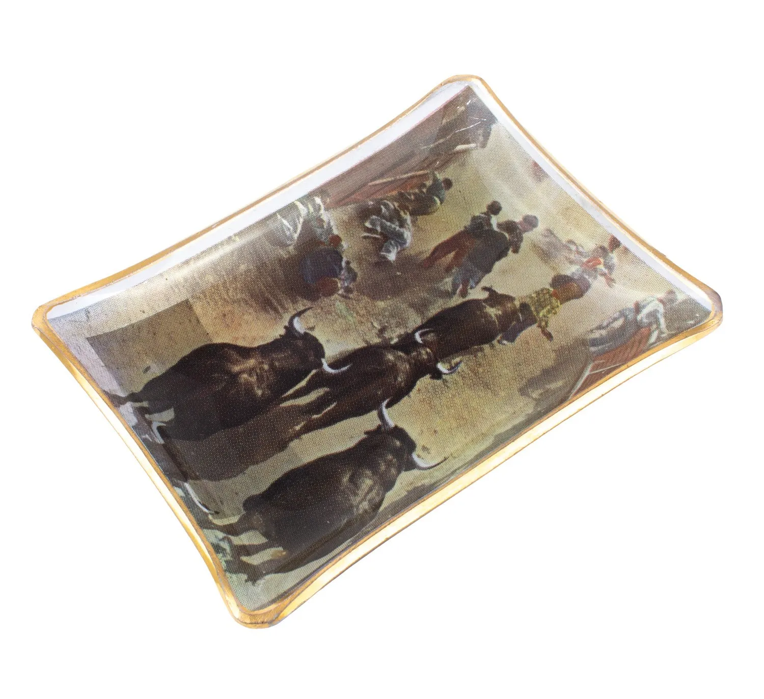 Vintage Glass Dish with Running of the Bulls Printed Image