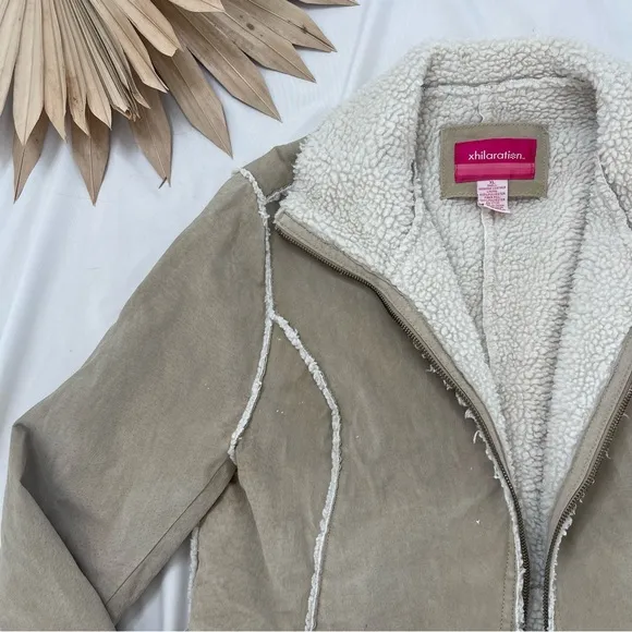 Vintage Xhilaration Lesther Suede Sherpa Shearling Beige Tan Cream Y2K Coat XL
