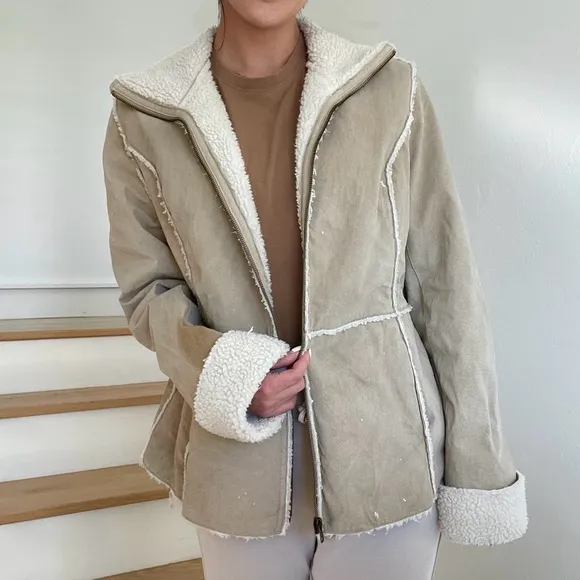Vintage Xhilaration Lesther Suede Sherpa Shearling Beige Tan Cream Y2K Coat XL