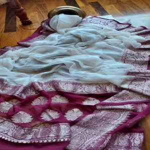 White-Wine Purple Georgette Jaal Banarasi Saree