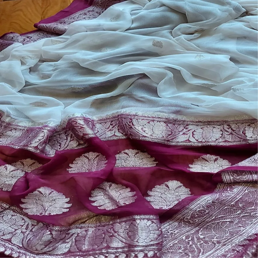White-Wine Purple Georgette Jaal Banarasi Saree