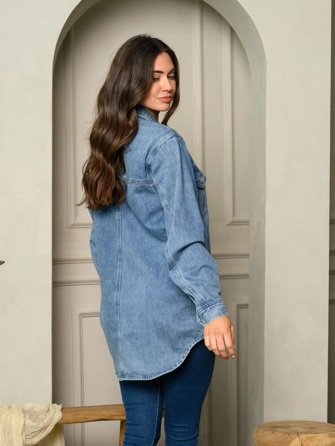 WOMEN'S BUTTON UP COLLAR LOW-HIGH DENIM LONG JACKET