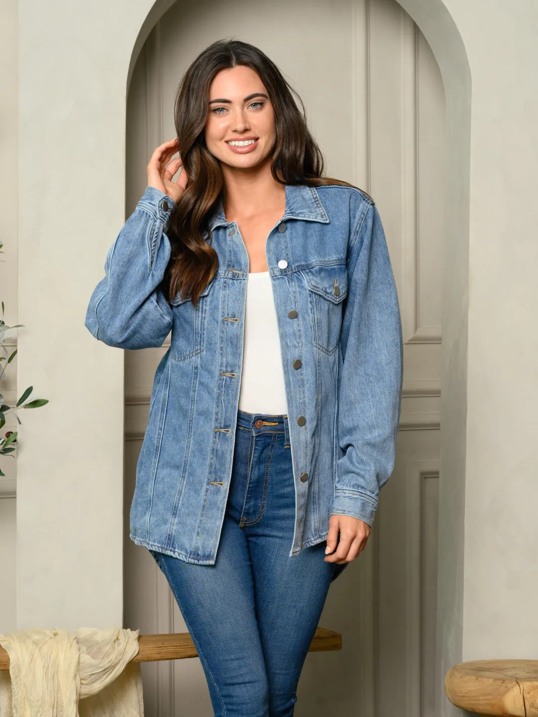 WOMEN'S BUTTON UP COLLAR LOW-HIGH DENIM LONG JACKET