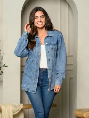 WOMEN'S BUTTON UP COLLAR LOW-HIGH DENIM LONG JACKET