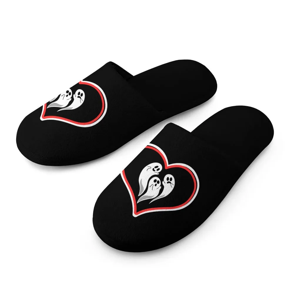 Women's Ghost Love Heart Print Flannel Slippers Soft Comfortable Indoor Home Shoes