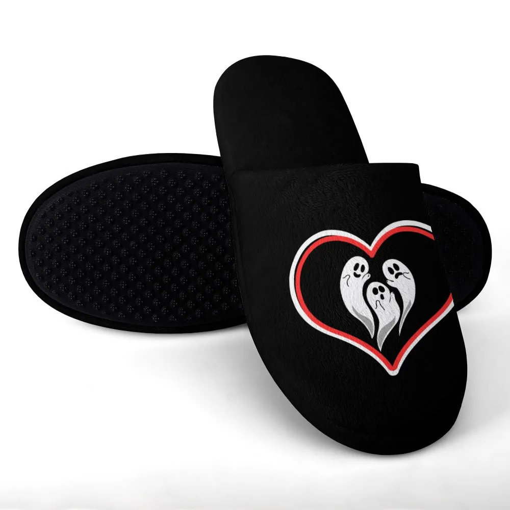 Women's Ghost Love Heart Print Flannel Slippers Soft Comfortable Indoor Home Shoes