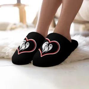 Women's Ghost Love Heart Print Flannel Slippers Soft Comfortable Indoor Home Shoes