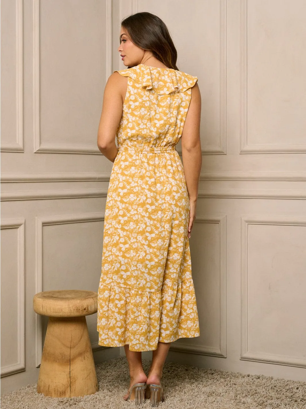WOMEN'S SLEEVELESS SURPLICE RUFFLE HIGH LOW FLORAL MAXI DRESS