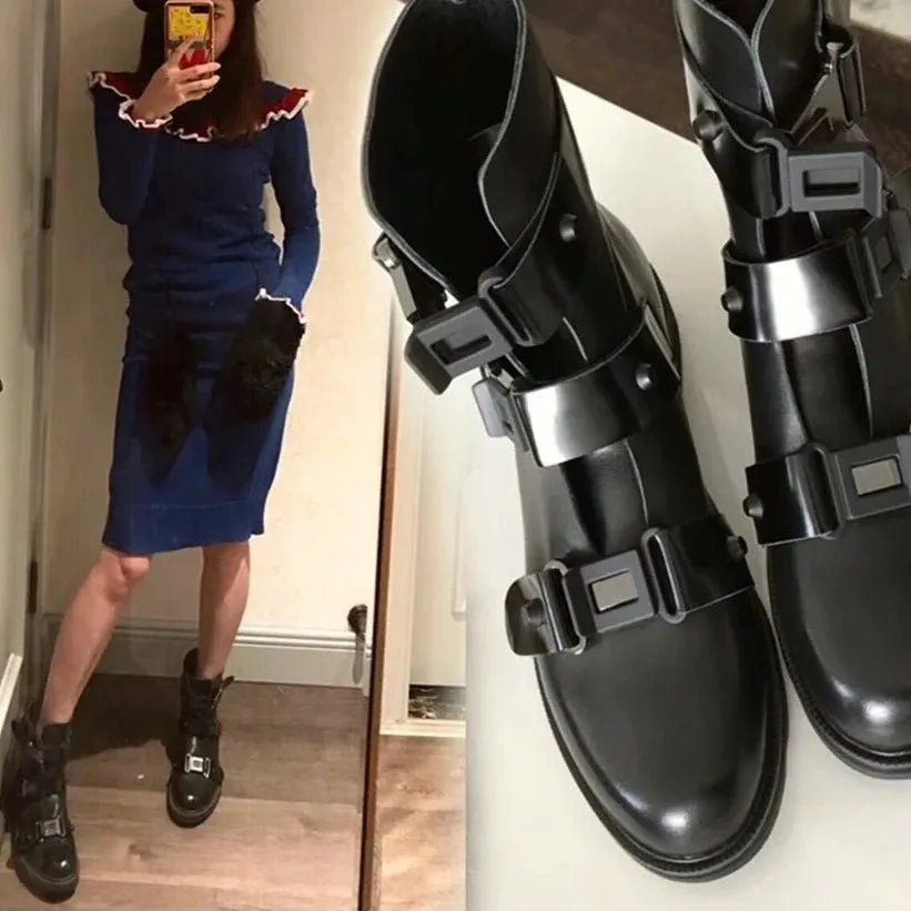 Women's Sultry Black Leather High Boots with Buckle Strap Platform