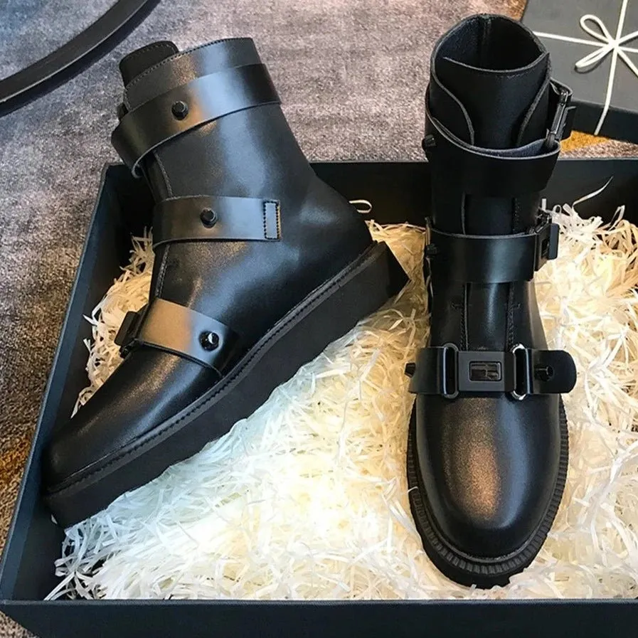 Women's Sultry Black Leather High Boots with Buckle Strap Platform