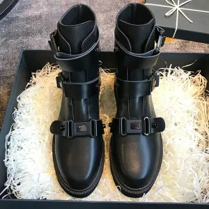 Women's Sultry Black Leather High Boots with Buckle Strap Platform