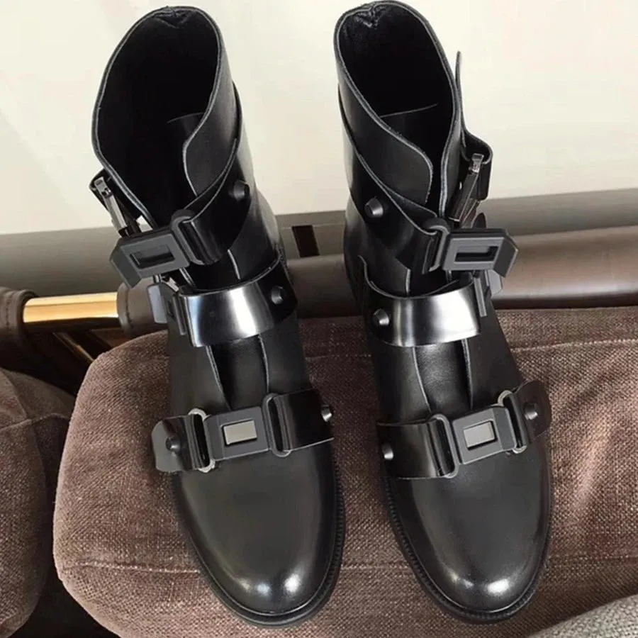 Women's Sultry Black Leather High Boots with Buckle Strap Platform