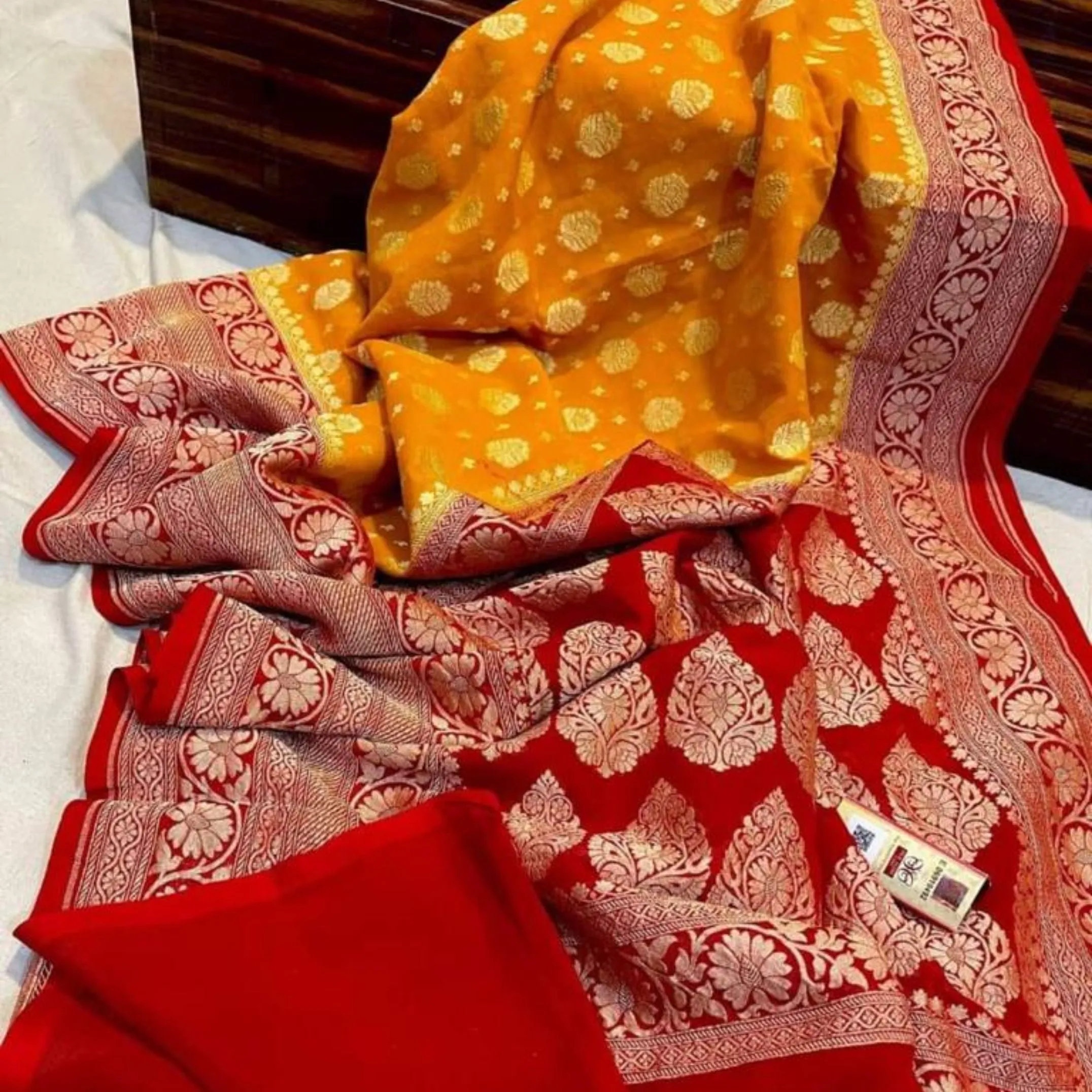 Yellow-Red Banarasi Meenakari Resham Saree