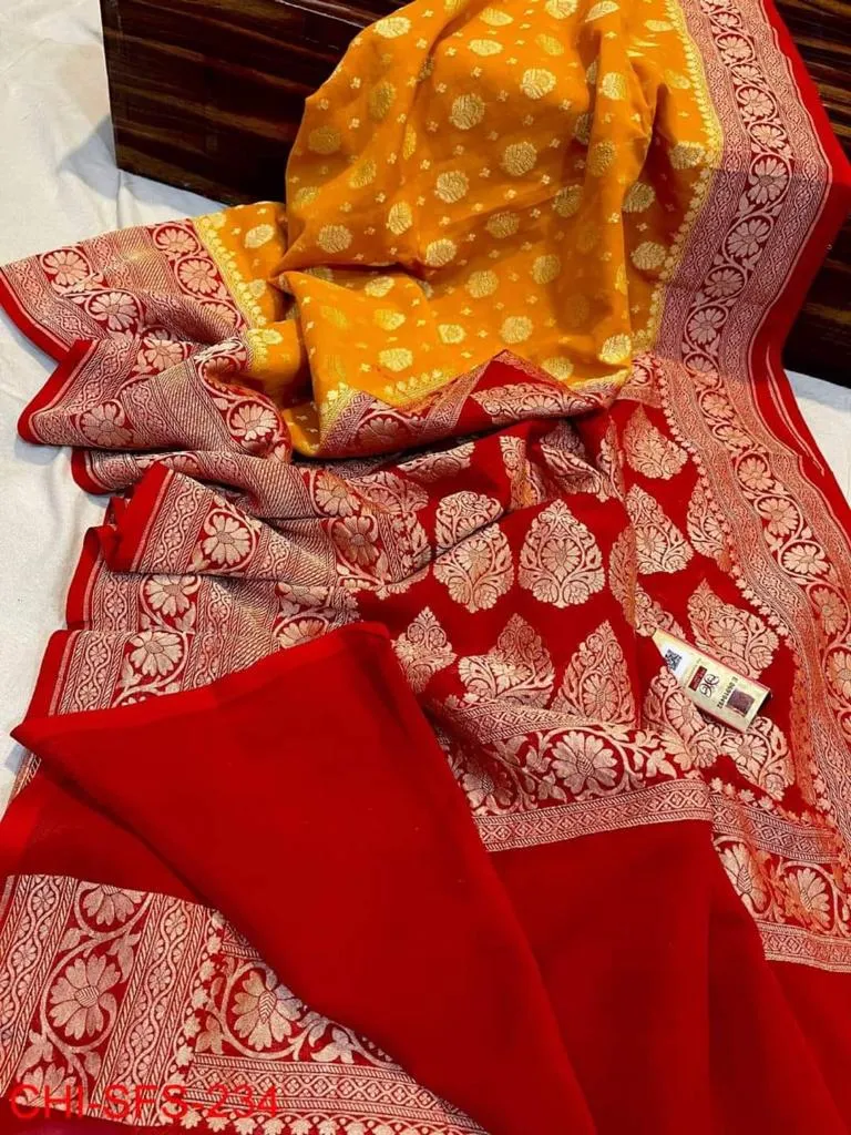 Yellow-Red Banarasi Meenakari Resham Saree