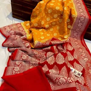 Yellow-Red Banarasi Meenakari Resham Saree