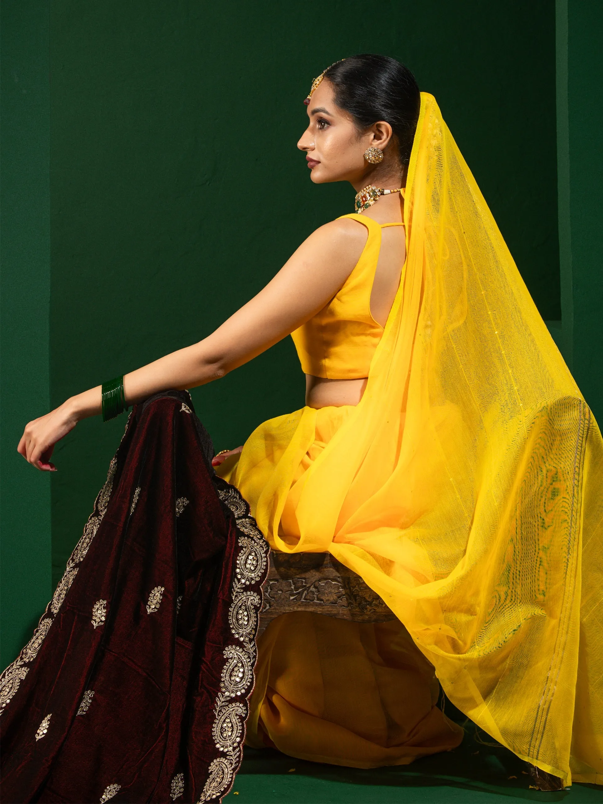 Yellow Sequin Cotton Saree With Blouse Fabric