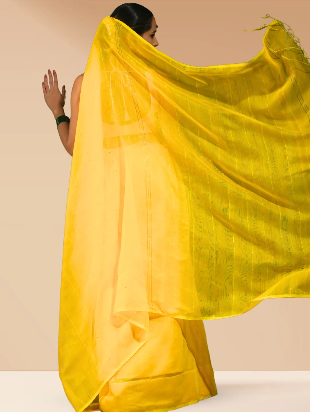Yellow Sequin Cotton Saree With Blouse Fabric