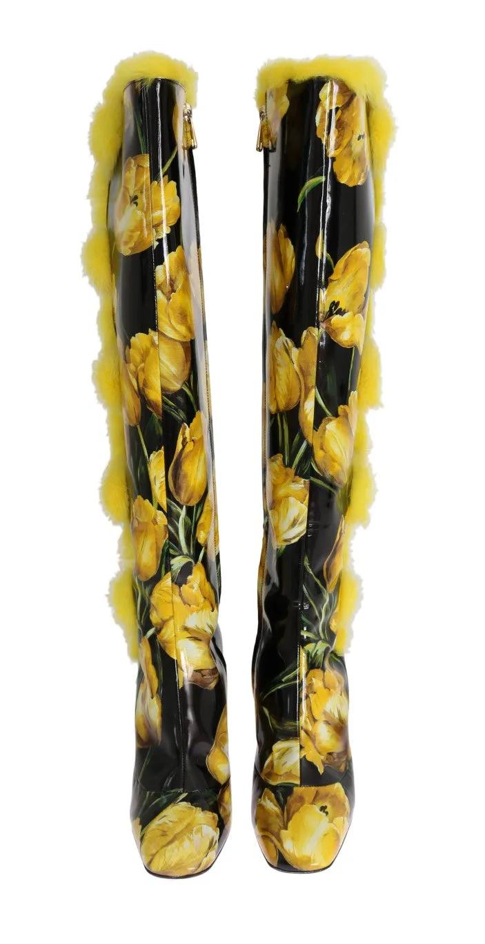 Yellow Tulip Print Leather Fur Boots