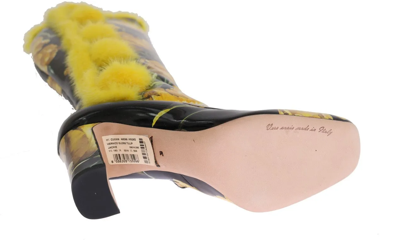 Yellow Tulip Print Leather Fur Boots