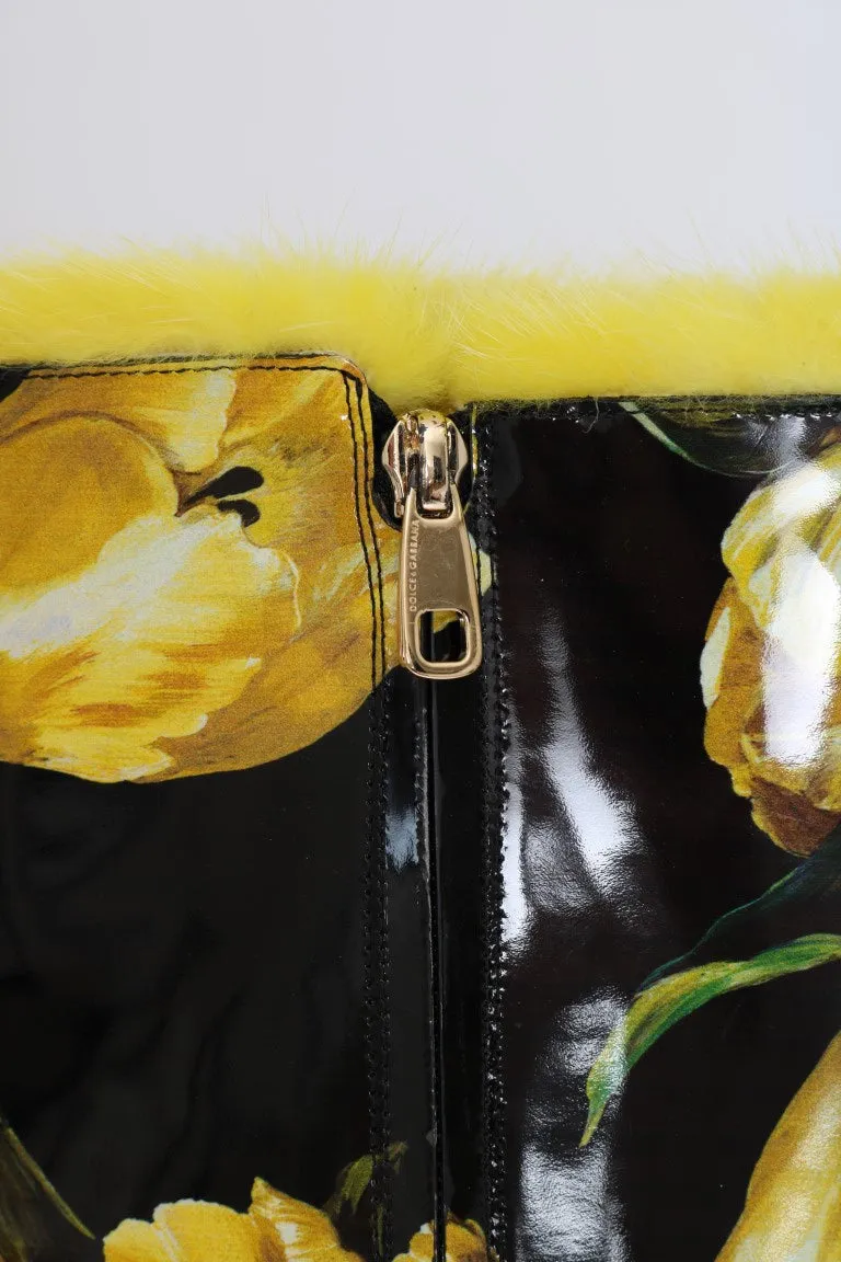 Yellow Tulip Print Leather Fur Boots
