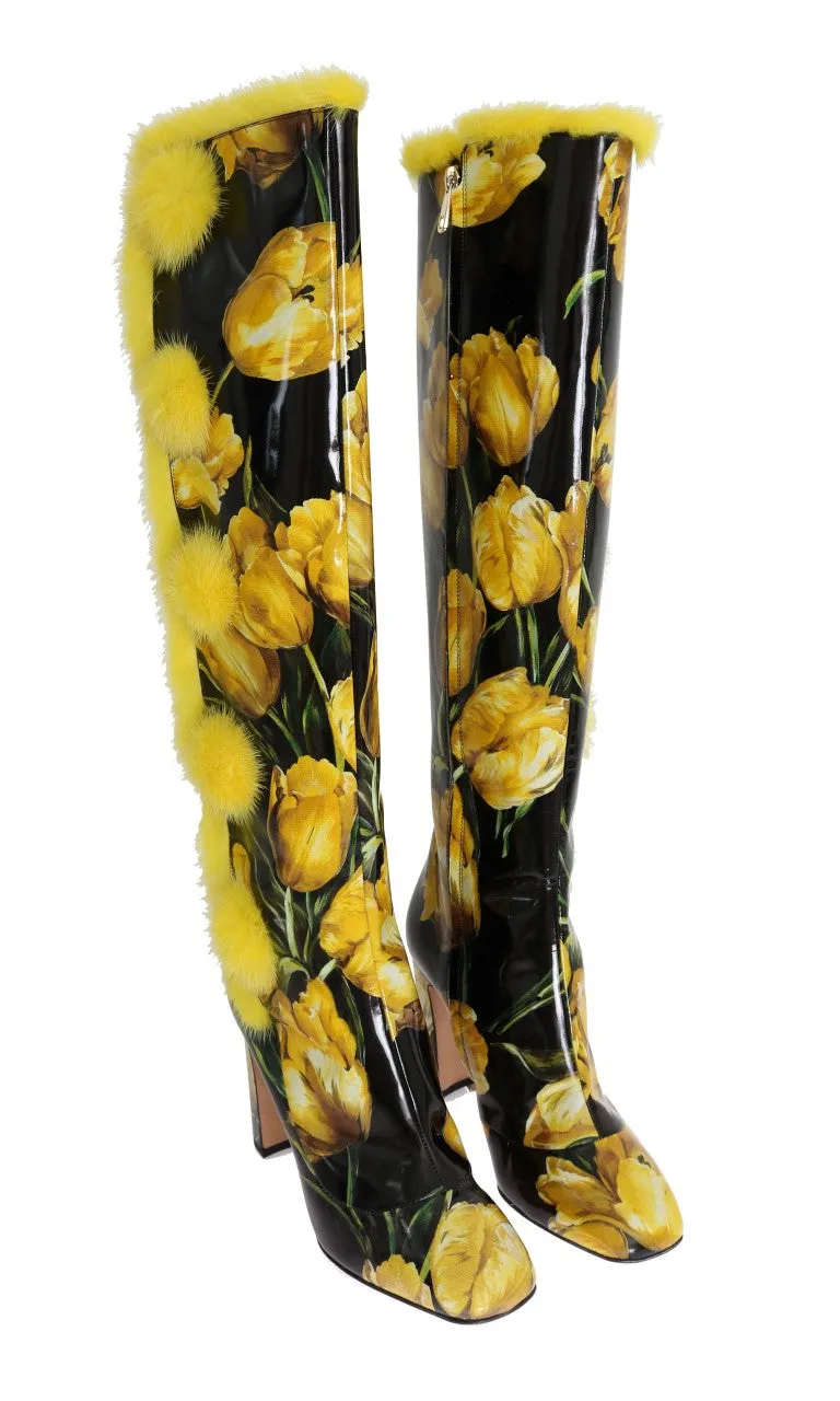 Yellow Tulip Print Leather Fur Boots
