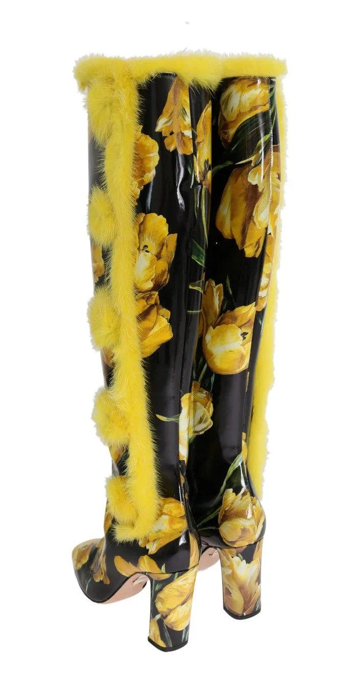Yellow Tulip Print Leather Fur Boots